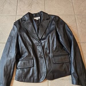 Vtg 90s Black Leather Jacket M-L Short Blazer Moto Casual Corner